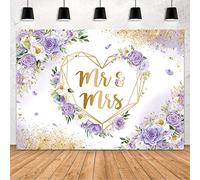 MEHOFOND 7x5ft Mr & Mrs Backdrop for Bridal Shower Purple and White Floral Photography Background Hearts Geometric Couple Wedding Party Decorations Bride to Be Engagement Banner Photo Studio Props