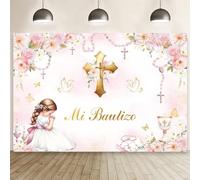 MEHOFOND 7x5ft Pink Floral Mi Bautizo Mexican Baptism Backdrop with Girl Spring Flowers Mi Bautizo Christening Party Decorations Pastel Baptism Party Decorations Chalice Cross Pigeon Party Photo Props