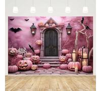 MEHOFOND 7x5ft Pink Halloween Backdrop Horror Pumpkin Wood Door Candle Bat Dead Trees Decorations Background For Photo Children Halloween Party Decor Door Cover Banner Photo Studio Props