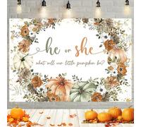 MEHOFOND 7x5ft Pumpkin Gender Reveal Backdrop He or She What Will Our Little Pumpkin Be Photography Background for Boy Girl Watercolor Floral Thanksgiving Baby Shower Party Decoration Banner