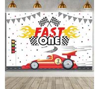MEHOFOND 7x5ft Race Car 1st Birthday Backdrop Fast One Red Race Car Birthday Party Photography Background Racing Car Theme Checkered Flag Fast One Decoration Banner Happy Birthday Party Decor Supplies