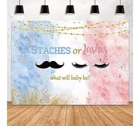 MEHOFOND 7x5ft Staches or Lashes Gender Reveal Backdrop Pink or Blue Mustaches or Lashes Watercolor Photography Background Boy or Girl He or She Gender Reveal Party Decorations Cake Table Banner