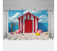 MEHOFOND 7x5ft Summer Beach Aloha Beach Photography Backdrop Blue Sky White Clouds Red House Parasol Background Kids Birthday Party Cake Smash Portrait Decor Banner Photo Studio Props