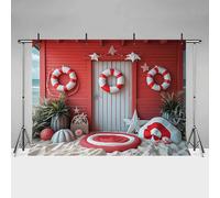 MEHOFOND 7x5ft Summer Beach Aloha Photography Backdrop Red Cabin Swimming Circle Tropical Green Plant Sea Background Children Birthday Party Cake Smash Portrait Decoration Banner Photo Studio Props