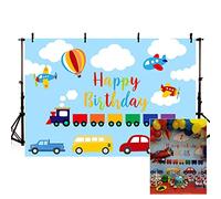 MEHOFOND 7x5ft Transportation Boy Birthday Party Backdrop Blue Sky White Cloud Automobile Train Airplane Car Bus Truck Happy 1st Birthday Up Hot Air Balloon Photography Background Photo Booth Banner