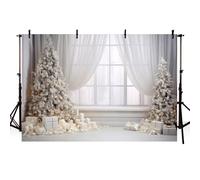 MEHOFOND 7x5ft White Christmas Window Landscape Background Xmas Tree Gift Candle White Curtain Photography Background Merry Christmas Family Party Decoration Wallpaper Banner Photo Studio Supplies