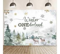 MEHOFOND 7x5ft Winter Onederland Backdrop Winter Green 1st Birthday Photography Background Snowflake Deer Woodland Mountain Wonderland First Bday Party Decorations Cake Table Banner Photo Booth Props