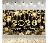 MEHOFOND Black and Gold Happy New Year Backdrop Countdown Party Hello 2026 Gold Bokeh Glitter Balloons Firework Photography Background Cheers to The New Year Xmas Eve Decor Supplies Photo Booth Props