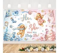 MEHOFOND Christmas Gender Reveal Backdrop Banner Gingerbread Gender Reveal He or She Baby Shower Party Decorations Pink or Blue Cookie Snowflake Baby Shower Photography Background(72x44 Inch)
