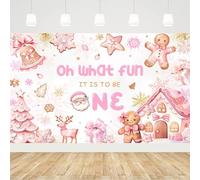 MEHOFOND Christmas Gingerbread 1st Birthday Backdrop Banner, Oh What Fun It is to Be One Birthday Party Supplies, Pink Gingerbread House Santa Snowflake Cookies First Bday Party Decor 70.8x43.3Inch
