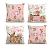 MEHOFOND Christmas Gingerbread Man Pillow Covers 18x18, Winter Xmas Pink Gingerbread Man House Throw Pillow Covers Set of 4, Merry Christmas Hot Cocoa Porch Patio Outdoor Home Decoration