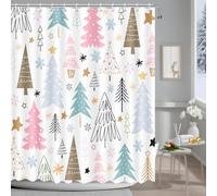 MEHOFOND Christmas Shower Curtains Pink Green Christmas Tree Stars Snow Snowflake Bathroom Decor Winter Xmas Holiday Shower Curtain for Bathroom Decor Waterproof Fabric with 12 Hooks 72x72 Inch