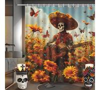 MEHOFOND Day of The Dead Shower Curtain Mexican Theme Sugar Skull Marigold Bathroom Curtains The Skeleton Playing Guitar Yellow Floral Bathtub Decorative Waterproof Fabric with 12 Hooks 72x72 Inch
