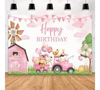 MEHOFOND Farm Aniamls Happy Birthday Backdrop for Girl Pink Barn House Birthday Party Decorations Banner Cartoon Farm Animals Farmland Clouds Farm Theme Birthday Party Supplies 7x5ft