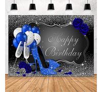 MEHOFOND Glitter Silver and Blue Birthday Backdrop for Women Birthday Party Decorations Banner Royal Blue Heels Rose Balloon Champagne Photography Background Photo Studio Props Banner 7x5ft
