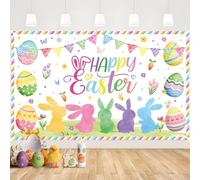 MEHOFOND Happy Easter Banner Backdrop,Happy Easter Photography Background for Spring Party Decorations,Watercolor Cute Rabbit Colorful Eggs Floral Green Grass Easter's Day Party Decor 71x44 Inch
