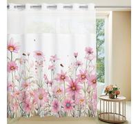 MEHOFOND Pink Flower No Hook Shower Curtain with Snap in Liner, Spring Watercolor Floral Plant Shower Curtain,See Through Mesh Top Window,Waterproof Fabric Flowers Hotel Shower Curtain Set 71" x 74"