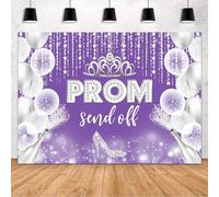 MEHOFOND Prom 2025 Backdrop Purple and Silver Prom Send Off Photography Background Silver Glitter Crown Champagne Congrats Graduation Prom 2025 Party Decorations Banner Photo Studio Props 7x5ft