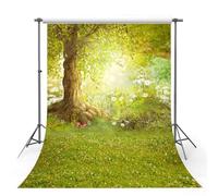 MEHOFOTO 6x8ft Photography Backdrop Happy Easter Woodland Big Tree Meadow Grass White Flower Fairy Tale Photo Studio Booth Background