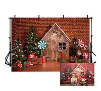 MEHOFOTO 7x5ft Red Merry Christmas Party Banner Photo Studio Backdrop Christmas Tree Wood House Brick Wall Backgrounds for Photography