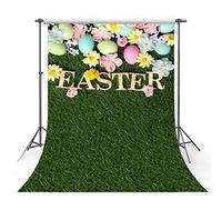 MEHOFOTO Happy Easter Photo Studio Booth Background Banner Spring Green Lawn Colorful Flowers Eggs Wallpaper Backdrops Props for Photography 5x7ft