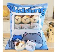 MeHoo Pudding Cat Pillow Plush, Cute Snack Pillow Stuffed Animal Toys, Removable Snack Plush Cuddly Toy Pudding Decorative Cushion with 8 Kittens Plush Dolls (Blue Cat)