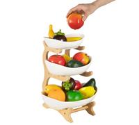 MEHOOSPVN 3 Tier Fruit Basket Ceramic Fruit Bowl Vegetable Storage with Bamboo Wood Porcelain Fruit Stand Storage Holder for Kitchen Counter Large Capacity Fruit Holder for Bread, Snack Dessert, White