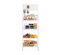 MEHOOSPVN 4 Tier Snack Candy Display Organizer, Retail Display Rack Stand, Snack Rack, Basket Stand Cart for Store Kitchen, Floor-Standing Supermarket Retail Display Shelf with 10 Hooks, 50x27x140cm