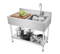 MEHOOSPVN Kitchen Sink Unit 2 Tier, Free Standing Single Bowl Commercial Kitchen Sink Set w/Workbench, Stainless Steel 91.44 x 61 x 91.44 in Commercial Single Bowl Sinks for Garage, Restaurant Laundry