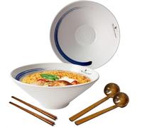 mehrido Ceramic Ramen Bowl Set, 2 Sets 1000ml Large Japanese Noodle Soup Bowls with Spoons and Chopsticks for Soup Udon Soba Pho Asian Noodles Pasta Salad
