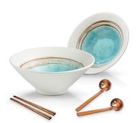 mehrido Ceramic Ramen Bowl Set, 2 Sets 1000ml Large Japanese Noodle Soup Bowls with Spoons and Chopsticks for Soup Udon Soba Pho Asian Noodles Pasta Salad