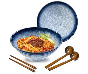 mehrido Ceramic Ramen Bowl Set, 2 Sets 950ml Large Japanese Noodle Soup Bowls with Spoons and Chopsticks for Soup Udon Soba Pho Asian Noodles Pasta Salad