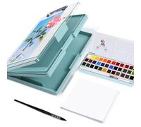 MEI LIANG Travel Watercolour Paint Set, Includes 36 Colours Solid Watercolour + 7.5x7.5 inch 100% Cotton Paper(20 Sheets) + 1 Watercolour Brush + Green Double Layer Organizer