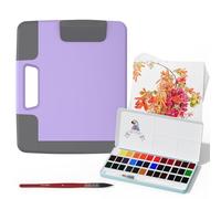 MEI LIANG Travel Watercolour Paint Set, Includes 36 Colours Solid Watercolours + 7.5x7.5 inch 50% Cotton Watercolour Paper(20 Sheets) + 1 Watercolour Brush + Purple Handheld Organizer