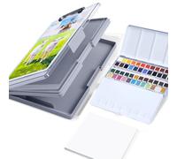 MEI LIANG Travel Watercolour Paint Set, Includes 48 Colours Solid Watercolour + 7.5x7.5 inch 100% Cotton Watercolour Paper(20 Sheets) + 1 Brush + Grey Double Layer Organizer