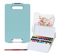 MEI LIANG Travel Watercolour Paint Set, Includes 48 Colours Solid Watercolours + 7.5x7.5 inch 50% Cotton Watercolour Paper(20 Sheets) + 1 Watercolour Brush + Green Handheld Organizer