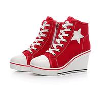 Mei MACLEOD Fashion Canvas Shoes Wedge Heel Sneaker Lace Up Casual Shoes for Women 3inch High Heel Sneaker, Red, 8 UK
