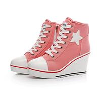 Mei MACLEOD Fashion Canvas Shoes Wedge Heel Sneaker Lace Up Casual Shoes for Women 3inch High Heel Sneaker, Pink, 7 UK