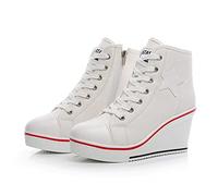 Mei MACLEOD Fashion Canvas Shoes Wedge Heel Sneaker Lace Up Casual Shoes for Women 3inch High Heel Sneaker, White, 5.5 UK