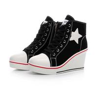 Mei MACLEOD Fashion Canvas Shoes Wedge Heel Sneaker Lace Up Casual Shoes for Women 3inch High Heel Sneaker, Black, 7 UK