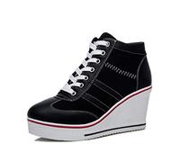 Mei MACLEOD Women Wedge Sneakers Platform Wedge High Heel Sneakers Ankle Booties Casual Canvas Shoes, Black, 4.5 UK