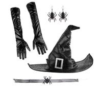 MEIBAOGE Halloween Witch Costume Hat Gloves Earrings Choker Set Party Hat Ruched Wizard Hat Unisex Witch Cosplay Costume Set
