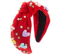 MEIBAOGE Knots Headband for Woman Wide Brims Headbands with Resin Heart&Diamond Pearl Embellished for Girls Makeup Shopping, Red,One Size