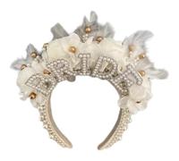 MEIBAOGE Pearl Crown Bride Hairhoop for Bridal Shower Bride to Be Headpiece Wedding Engagement Hairband Bachelorette Headband, feather