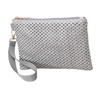 MEIBAOGE Woven Straw Handbag for Women Casual Beach Vacation Small Envelope Bag with Wristlet Zippered Wallet Purse, Silver, Length 14cm