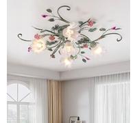meibeileil Country Villa Ceiling Lights,Chandelier with Glass Lampshade and Pink Ceramic Roses,Vintage Flower Design Light Fittings Ceilings for Living Room Bedroom Restaurant Hallway