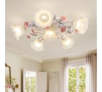 meibeileil Vintage Floral Ceiling Lights,5+1Heads Flush Mount Chandelier Ceiling Light with Glass Lampshade and Pink Ceramic Roses,Nordic Ceiling Lighting Fixture for Living Room Bedroom Kitchen E27