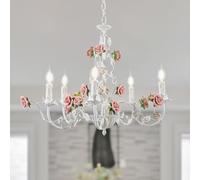 meibeileil Vintage Flower Chandeliers Ceiling Light,White Metal Pendant Light with Pink Ceramic Rose,French Country E14 Candle Chandeliers for Bedroom Living Room Girls Room Kitchen,5 Light