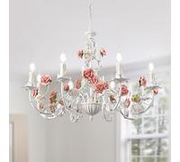 meibeileil Vintage Flower Chandeliers Ceiling Light,White Metal Pendant Light with Pink Ceramic Rose,French Country E14 Candle Chandeliers for Bedroom Living Room Girls Room Kitchen 8 Light