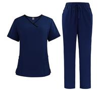 Meichoon Medical Nurse Uniform Classic V-Neck Top with 4 Pockets Stretchy Drawstring Jogging Pants Solid Color Quick Drying DK51Dark Blue S